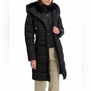 NWT Tahari Casey Women’s Black Fitted Long Puffer Coat With Oversized Hood Sz M